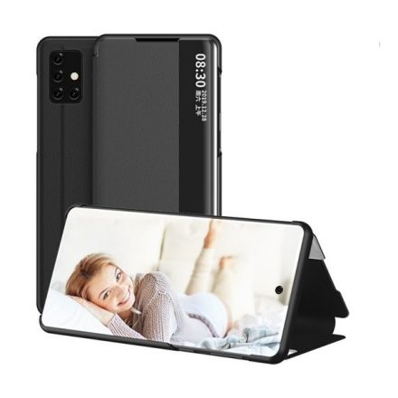 Samsung Galaxy A71 SM-A715F, Oldalra nyíló tok, valódi bőr, stand, hívás mutatóval, Smart View Cover, fekete (utángyártott)