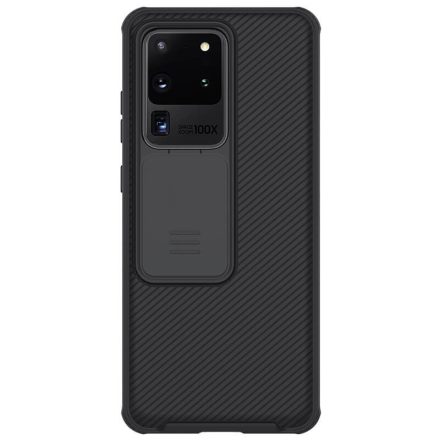 Samsung Galaxy S20 Ultra 5G SM-G988, Műanyag hátlap védőtok, közepesen ütésálló, kameravédelem, csíkos minta, Nillkin CamShield, fekete