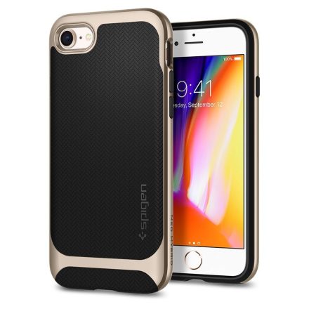 Apple iPhone 7 / 8 / SE (2020), Szilikon tok, műanyag kerettel, Spigen Neo Hybrid, halszálka minta, arany
