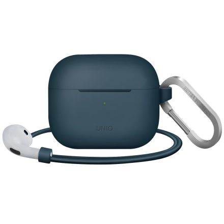 Bluetooth fülhallgató töltőtok tartó, szilikon, vezeték nélküli töltés támogatás, karabiner, nyakba akasztóval, Apple AirPods 3 kompatibilis, Uniq Vencer, sötétkék