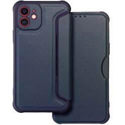   Apple iPhone 15 Pro, Oldalra nyíló tok, légpárnás sarok, bőrhatású, karbon minta, Razor Book, kék