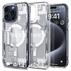   Apple iPhone 15 Pro, Műanyag hátlap védőtok + szilikon keret, Magsafe töltővel kompatibilis, iPhone belső minta, Spigen Ultra Hybrid Zero One Mag, átlátszó/fehér