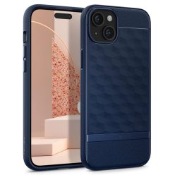   Apple iPhone 15, Szilikon tok + műanyag keret, közepesen ütésálló, Magsafe töltővel kompatibilis, 3D hatszög minta, Spigen Caseology Parallax Mag, sötétkék