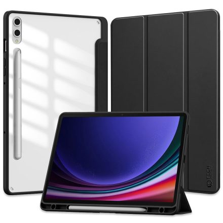 Samsung Galaxy Tab S9 Plus 12.4 SM-X810 / X816B, mappa tok, közepesen ütésálló, érintőceruza tartóval, átlátszó hátlap, Trifold, TP SC Pen Hybrid, fekete