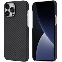   Apple iPhone 13 Pro, Műanyag hátlap védőtok, Magsafe töltővel kompatibilis, karbon minta, Pitaka MagEz Case 2, fekete/szürke