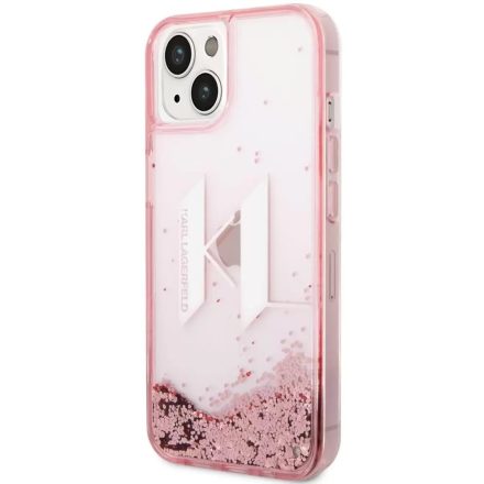 Apple iPhone 14, Műanyag hátlap védőtok, szilikon keret, Monogram minta, Karl Lagerfeld Liquid Glitter Big Karl Logo, rózsaszín