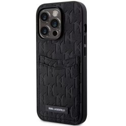   Apple iPhone 14 Pro Max, Műanyag hátlap védőtok + szilikon keret, bőrhatású hátlap, kártyatartóval, 3D monogram minta, Karl Lagerfeld Saffiano Monogram Cardslot, fekete