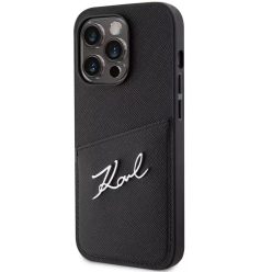   Apple iPhone 14 Pro, Műanyag hátlap védőtok + szilikon keret, bőrhatású hátlap, kártyatartóval, Karl Lagerfeld Saffiano Metal Signature Cardslot, fekete