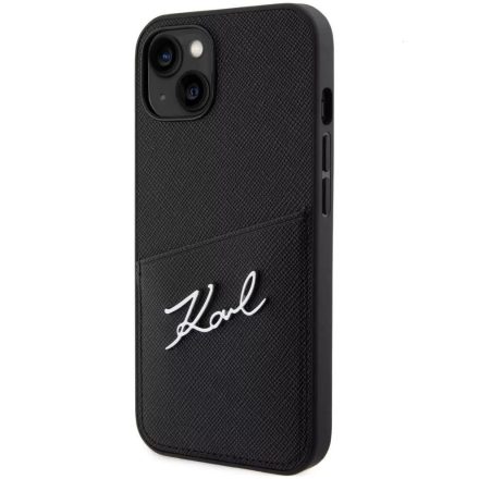 Apple iPhone 13, Műanyag hátlap védőtok + szilikon keret, bőrhatású hátlap, kártyatartóval, Karl Lagerfeld Saffiano Metal Signature Cardslot, fekete